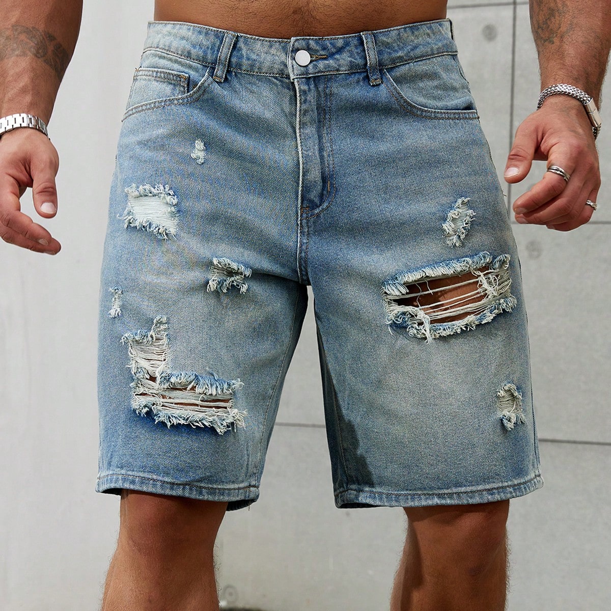 Streetwear Clothing Brand - Jeans curto de algodão rasgado masculino,